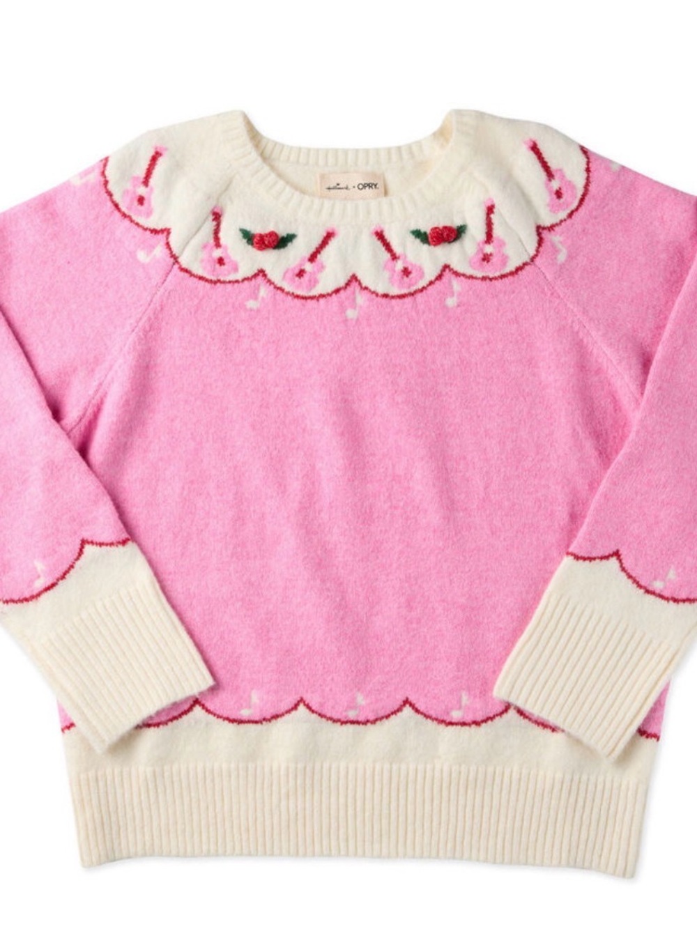 Hallmark Pink and Cream Scallop Yoke Floral Knit Pullover
